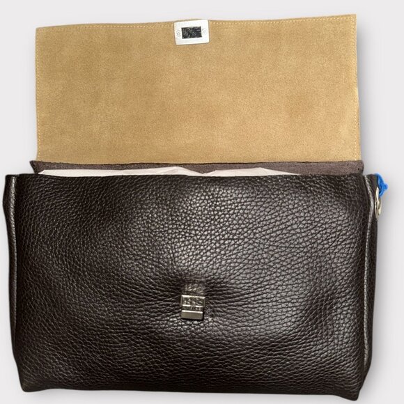 Home-Made Brand Black Pebbled Leather Tan Suede Flap Turn Lock Convertible Bag - Picture 7 of 10